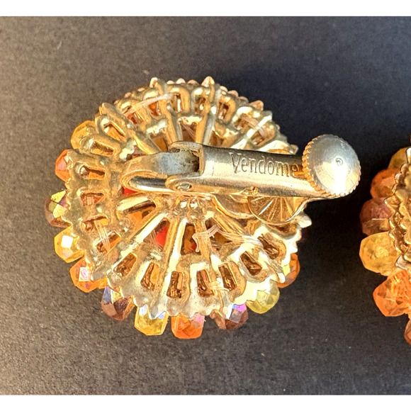 Vintage Vendome Orange Yellow Acrylic Round Adjustable Patented Clip On Earrings - Picture 5 of 8